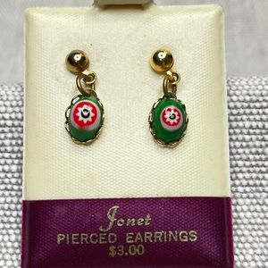 Mini Jonet 1960s Dainty Gold Tone Stud Earrings Green and Red